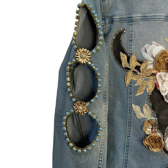 (H-219) Embellished Denim Jean Jacket Size L - Picture 5 of 12
